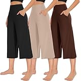 NEW YOUNG 3 Pack Women's Wide Leg Capri Pants with Pockets High Waist Loose Sweatpants Casual Lounge Yoga Workout Palazzo