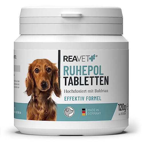 ReaVET Ruhepol Tabletten für Hunde 120 Stück – mit Baldrian und Johanniskraut I Wohlfühlen, Umzug, Silvester, Verlust mit hoher Akzeptanz
