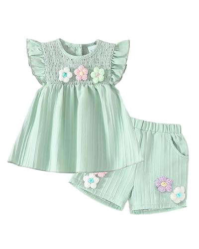 JiAmy - JiAmy Vêtements d'été pour bébé fille - Imprimé floral - Haut à manches courtes + short avec poches - Ensemble de vêtements pour bébé de 9 mois à 4 ans, vert, 12-18 mois