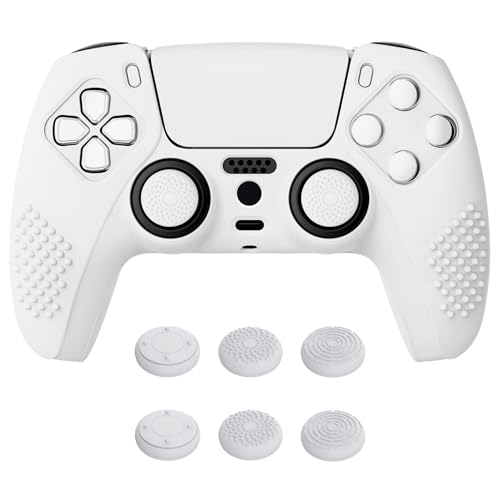 eXtremeRate PlayVital Hülle für ps5 Controller,Case ergonomische Schutzhülle Griffe Skin,6 Stück Weiße Stick Aufsätze für PS5 Controller(3D Noppen Edition,Weiß)