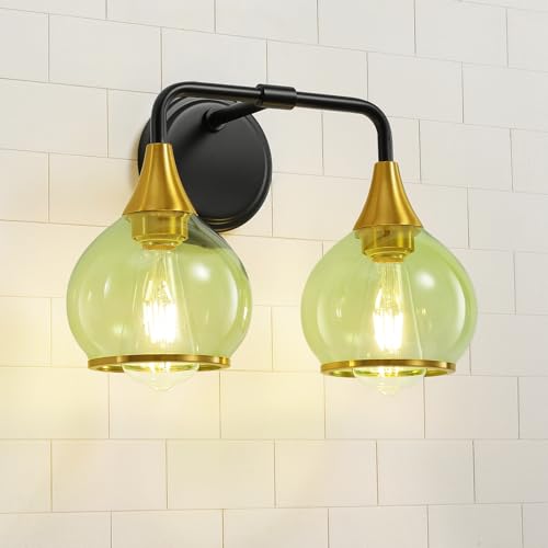 Image of Black and Gold Bathroom Vanity Light 2-Lights Bathroom Light Fixtures Over Mirror with Green Clear Glass Shade 14 inch Wall Sconce Lighting Bath(Exclude E26 Bulb)