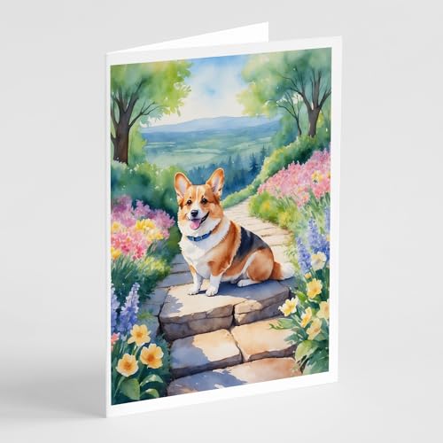 Caroline's Treasures Corgi Spring Path Greeting Cards Pack of 8 Blank Cards with Envelopes Whimsical A7 Size 5x7 Blank Note Cards