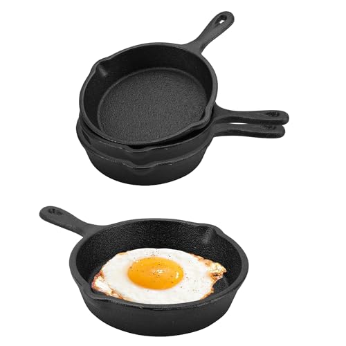 YKUKIZEE 3 Pack 4 inch Mini Cast Iron Skillet with Double Drip-Spouts, 10 cm Small Cast Iron Pan Black, Round Mini Irons Egg Skillet for Frying Oven Grill