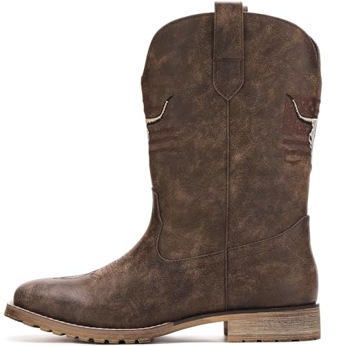 Image of JASONSTAR Western Cowboy Boots for men, Vintage Distressed Brown Square Toe Mid-Calf Boots with Longhorn Skull American Flag Embroidery, Non-Slip Rubber Sole Comfortable for Riding Outdoor Daily Wear