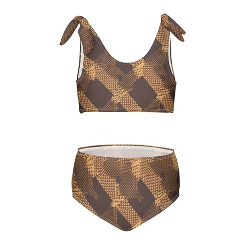 KLL Brown Houndstooth Girls 2 Piecing Bikini Set Scoop Neck Swimsuits Swimming Suits Adjustable Strap