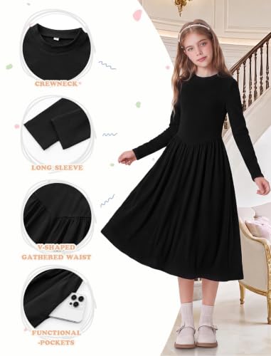 HOZIY Girls Black Dress Long Sleeve Fall Winter Casual Maxi Formal Dresses - image 4