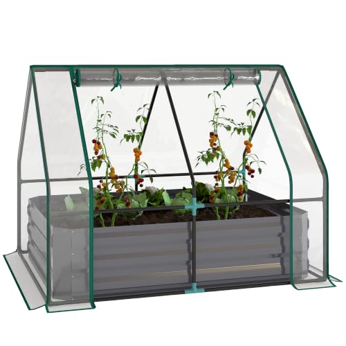 Outsunny 4 x 3ft Metal Planter Box with Mini Greenhouse Clear and Dark Gray | Galvanized Raised Garden Bed with Cover, for Herbs and Vegetables, Small Greenhouse, Patio Garden Balcony