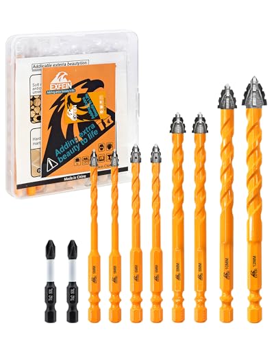 EXFEIN 10pcs Tile Drill Bits Set Serrated Carbide Masonry Drill Bits for Hard Porcelain Tile Concrete Brick Multi-Material Drilling with 1/4 Hex Shank & 2pcs Magnetic PH2 Screwdriver Bits