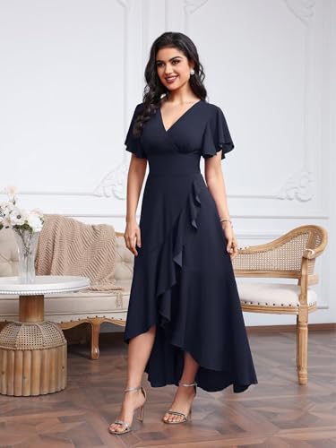 Women's Wrap Sleeve Wedding Guest Dresses for Women Midi High Low Mother of the Bride Dress V Neck Formal Evening Gala Party Gown M Navy Blue — view 6