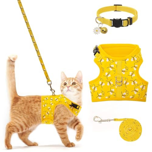 BINGPET Cat Harness with Leash and Collar for Walking – Escape Proof with 59 Inches Leash – Adjustable Soft Vest Harnesses for Medium Large Cats Bee
