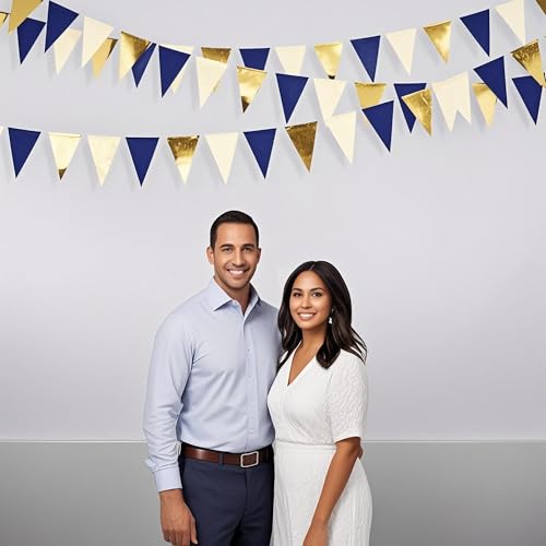 Image of Blue Gold Beige Hanging Triangle Flag Pennant Garland Blue Gold Hanging Paper Pennant Streamer Paper Triangle Flag Bunting Banner for Graduation Wedding Birthday Party Decorations 30 Feet