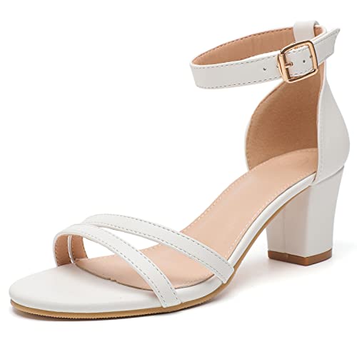 DADAWEN Escarpins Femme Bout Ouvert Sandales Bride Cheville Bloc Talon 6CM Blanc 37