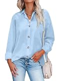 Hotouch Hemdbluse Damen Langarm aus Baumwolle Elegante Oberteile Casual Herbst Hemd Übergröße Himmelblau XXL