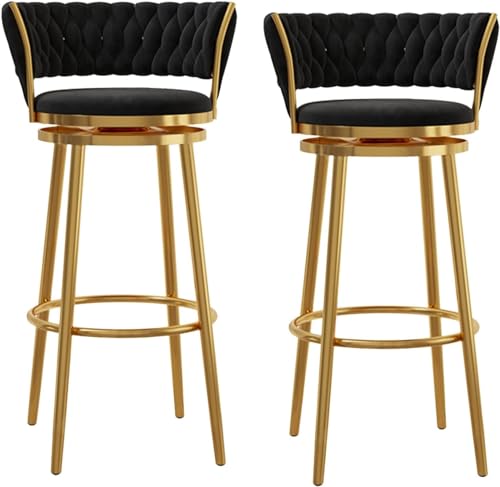 Juego de 2 taburetes de bar giratorios de terciopelo de lujo con respaldo tejido curvado, reposapiés y patas de metal dorado negro, sillas con altura de mostrador para el hogar, bar, isla de cocina