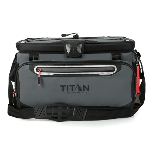 Titan by Arctic Zone Zipperless Soft Sided Cooler with HardBody Liner and SmartShelf, Insulated Bag with Shoulder Strap and Bottle Opener for Beach, Picnic, and Travel, 48 Can Capacity, Sharkskin Gray