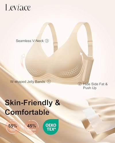 Leviace Wireless Jelly Bras for Women with Support - Anti-Slip Wide Straps Push Up Full Coverage Plunge Seamless Padded T-shirt Bralette No Underwire Soft Invisible Back Smoothing Sleep Bra, Nude, XXL — view 4