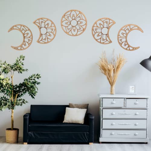 VEJO Decoración Fase de la Luna- 5 Piezas en Madera- Decoración de Pared -Dormitorio - Salón - Decoración Vintage Mándala- Cuadro Ciclo Lunar Cover