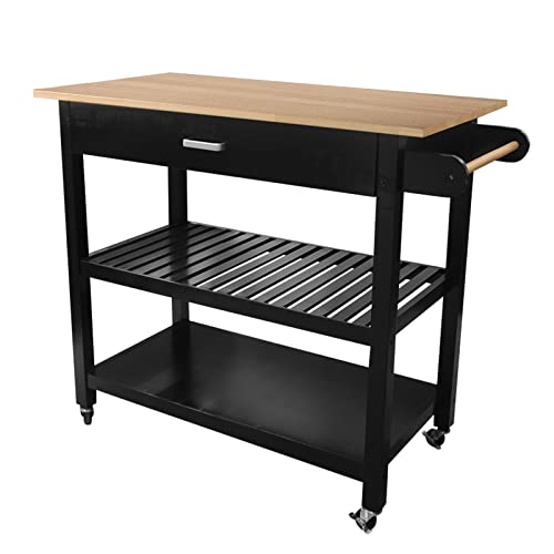 Unovivy Kitchen Island Cart, 3 Tier Kitchen Island On Wheels With Storage Drawer, 2 Shelves & Towel Rack, Rolling Kitchen Island With Rubberwood Tabletop, Simple Design Mobile Island Table For Kitchen #TOP5