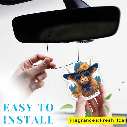 Image of Highland Cow Car Air Freshener (8Pack Fresh Ice Scent) Cute Animal Ornament Decor Accessories Gifts for Car Interior Hanging Rearview Pendant Home Office Supplies