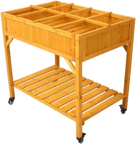 LuckyNote】Elevated 8 Pocket Herb Garden Bed, Mobile Raised Customizable Wood Planter for Herbs, Vegetables, Flowers w/Lockable Wheels, Storage Shelf, Drainage Holes 36x24x34 Inch