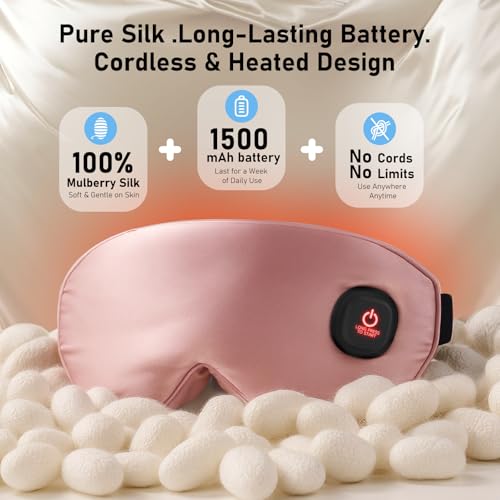 LitBear Heated Eye Mask, Silk Cordless Warm Eye Compress for Dry Eyes, Light Blocking Heat Eye Mask for Women Men, Soft Eye Heating Pad for Dry Eyes, Travel, Rechargeable, Washable Cover (Pink)