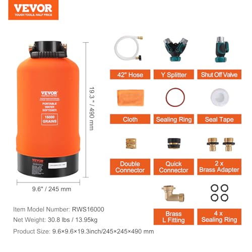 Image of VEVOR RV Water Softener, 16,000 Grain Portable Water Softener, with 3 /4 inch Brass Fittings and 42 inch Hose, Soften Hard Water Filter System for RVs, Trailers, Boats, Mobile Car Washing, Pressure Washing | Filter System for RVs, Trailers, Boats, with 3 /4 inch Brass Fittings and 42 inch Hose, Portable Mobile Car Washing, Pressure Washing
