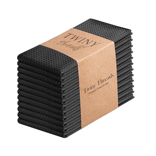 TWINY threads Set of 12 100% Cotton Kitchen Towels, 16"x26", Soft (Black)