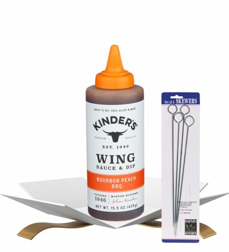 Bourbon Peach BBQ Wing Sauce 15.5 oz Bundle with Barbecue Skewers β Rib Glaze Sweet and Smoky Glaze for Grilling, Roasting, and Marinating β Gift Set (2 Items)