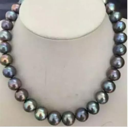 Magnifique Collier de Perles de Tahiti Noires, Rouges et Vertes de 10 à 9 mm, 45 cm