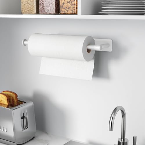Image of Paper Towel Holder - Self-Adhesive or Drilling, White, Wall Mounted, SUS304 Stainless Steel Kitchen Roll Dispenser Under Cabinet