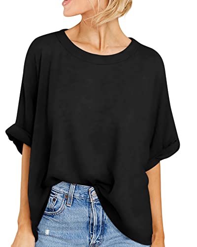 GeGekoko Damen T-Shirt Sommer Kurzarm Rundhals Oberteil Locker Frauen Casual Lose Tops Elegant Bluse,Schwarz,L