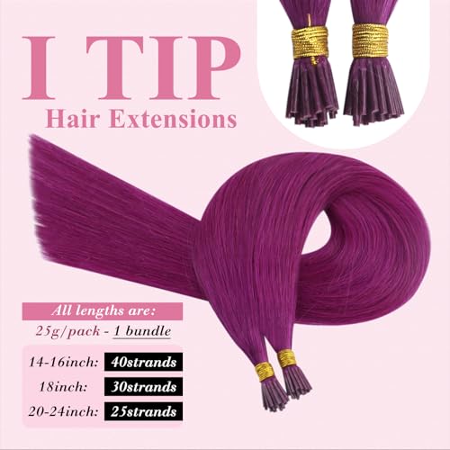 Image of YoungSee I Tip Extensions 20 Inch, Purple Itip Human Hair Extensions Purple, Cold Fusion, Itips Extension, Remy Hair, 25 Strands 25g, for Photo Shoots