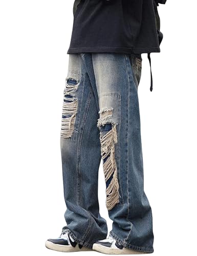 Y2k Baggy Jeans for Men Grunge Ripped Jeans Aesthetic Distressed Jeans Loose Fit Gothic Denim Pants Streetwear