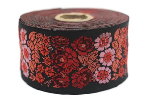 Galon - Cinta Jacquard tejida roja y terracota jardín secreto, 10 mt x 50 mm, rollo de cinta bordada para coser decoración 50097-V2