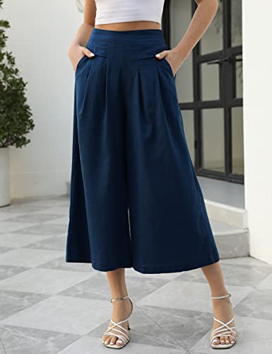 Image of Gihuo Culottes for Women Linen Wide Leg Gauchos Capri Palazzo Pants | Cotton Linen Pants,Flowy Pants,Women's Culottes,Cropped Pants,Elastic Waist Trousers with Pockets