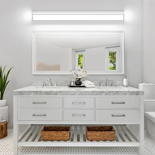 Image of 40-Inch LED Modern Bathroom Vanity Light Fixtures, Chrome Modern Acrylic Bathroom Wall Lighting Fixtures Over Mirror (Cool White 6000K)