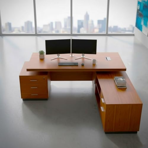 Image of Lakdi The Furniture Office Desk for Co Director & Executive Table L- Shape Design Made in Engineered Wood Drawer Multi Wire Manager CPU Space & Storgae Brown 5-Year Warranty & Free Assembly (LDL-538)