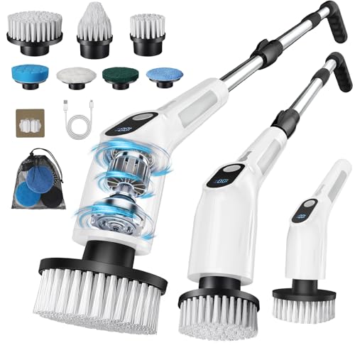 Electric Spin Scrubber for Cleaning Bathroom - Upgraded Dual Switch Cleaning Brush - IPX7 Waterproof Power Scrubber with 7 Brush Heads, Extended Handle and 2 Speeds for Bathroom Shower Bathtub Floor