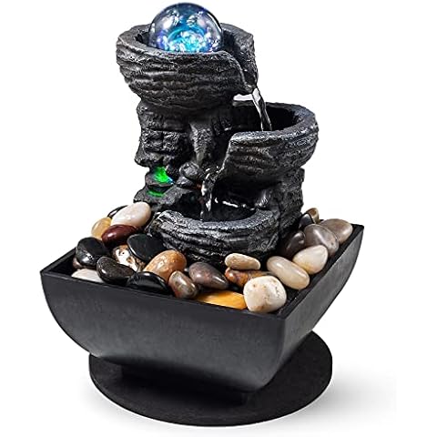 Tabletop Fountain Indoor Waterfall Meditation Fountain Like Layers of Rock Desktop Water Feature Includes Many Natural River Rock LED Lights Rolling Decorative Bubble Balls Cover