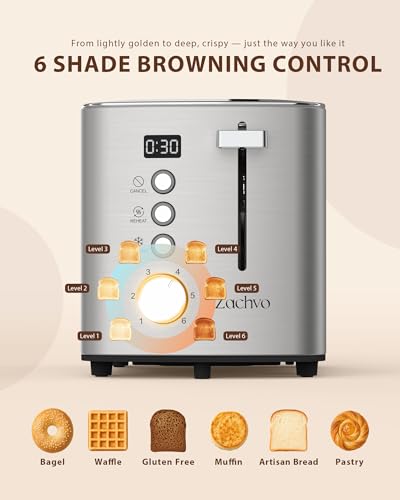 ZACHVO 2 Slice Toaster with Wide Slots for Bread & Bagels, Stainless Steel Toaster with Digital Countdown, 6 Shade Settings, Defrost, Reheat & Cancel, Compact Design for Kitchen #3