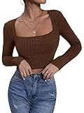SheIn Damen Strick Crop T-Shirt Bauchfrei Oberteile Quadratischem Kragen Langarmshirt Cropped Tops Pullover Langarm Shirts Kaffeebraun XS