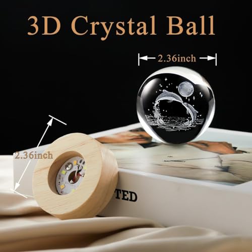 Image of Desidiya 3D Crystal Ball Night Light Lamp with Dolphin Design Night LED Lamp with Wooden Base for Kids Room, Bedroom Home Decor, Office, Birthday Gift Decorations for Men, Women, Diwali Gift