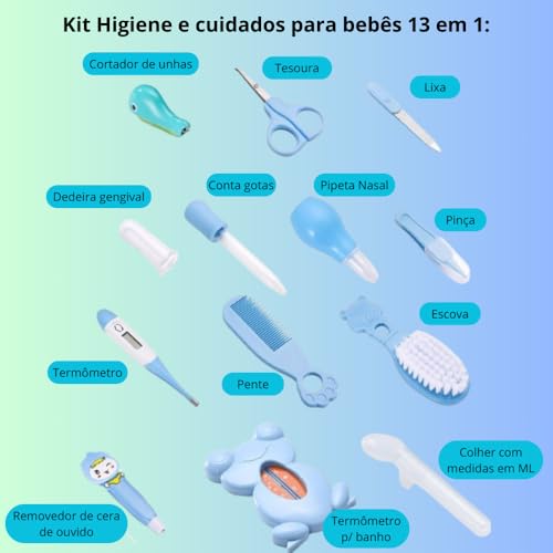 Kit Higiene Bebe - Estojo Cuidado Bebe com 13 em 1 - Bolsa Bebe Organizada e Completa com Tesoura, P