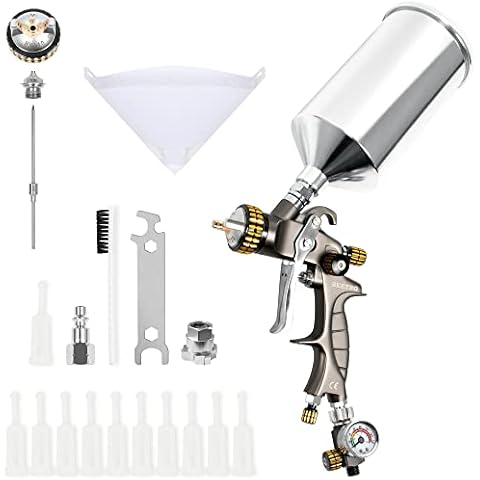 BEETRO HVLP Air Spray Gun 1.7mm Nozzle 1000ml Capacity 14.5CFM 30-43psi with 11 Filters 10pcs 190M Paint Strainers Air Control Valve 1/4" Connector and Type 2 Adapter Cover