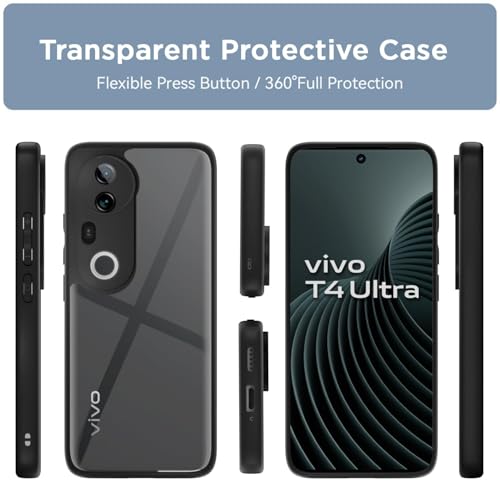 Image of AIBEX Back Cover for Vivo T4 Ultra 5G | Shockproof Transparent Case with TPU Camera Lens Guard | Slim Hybrid Armor Non-Yellowing Polycarbonate Cover - Black Edges