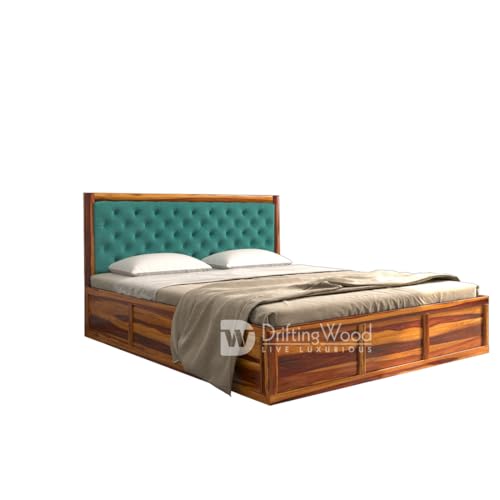 Image of DRIFTINGWOOD Dolvi Solid Sheesham Wood King Size Bed with Storage | Wooden Double Bed Cot Bed with Box Storage & Turquoise Green Velvet Upholstered Cushioned Headboard for Bedroom | Honey Finish