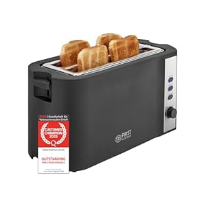 TZS First Austria 4 Slice Toaster 1500W - Long Slots for Bagels & Crumpets - 6 Browning Levels, Auto Bread Centring - Bun Warmer & High-Lift - Defrost & Reheat