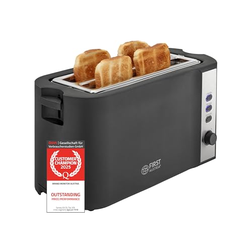 TZS First Austria 4 Slice Toaster 1500W - Long Slots for Bagels & Crumpets - 6 Browning Levels, Auto Bread Centring - Bun Warmer & High-Lift - Defrost & Reheat