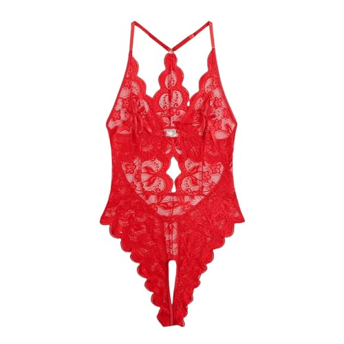 New Erotic Lingerie Plus Size Erotic Lingerie New Lace See Through No Removal Crotchless Jumpsuit (Red, XXXL)
