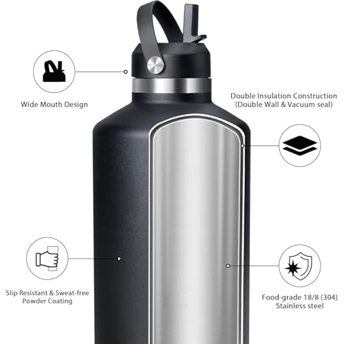 Image of 64 oz Water Bottle,Half Gallon Stainless Steel Water Bottles Insulated,Double Wall & Leak Proof, Travel,Football,Gym,Camping Essentials,Keep Cold All Day,Black